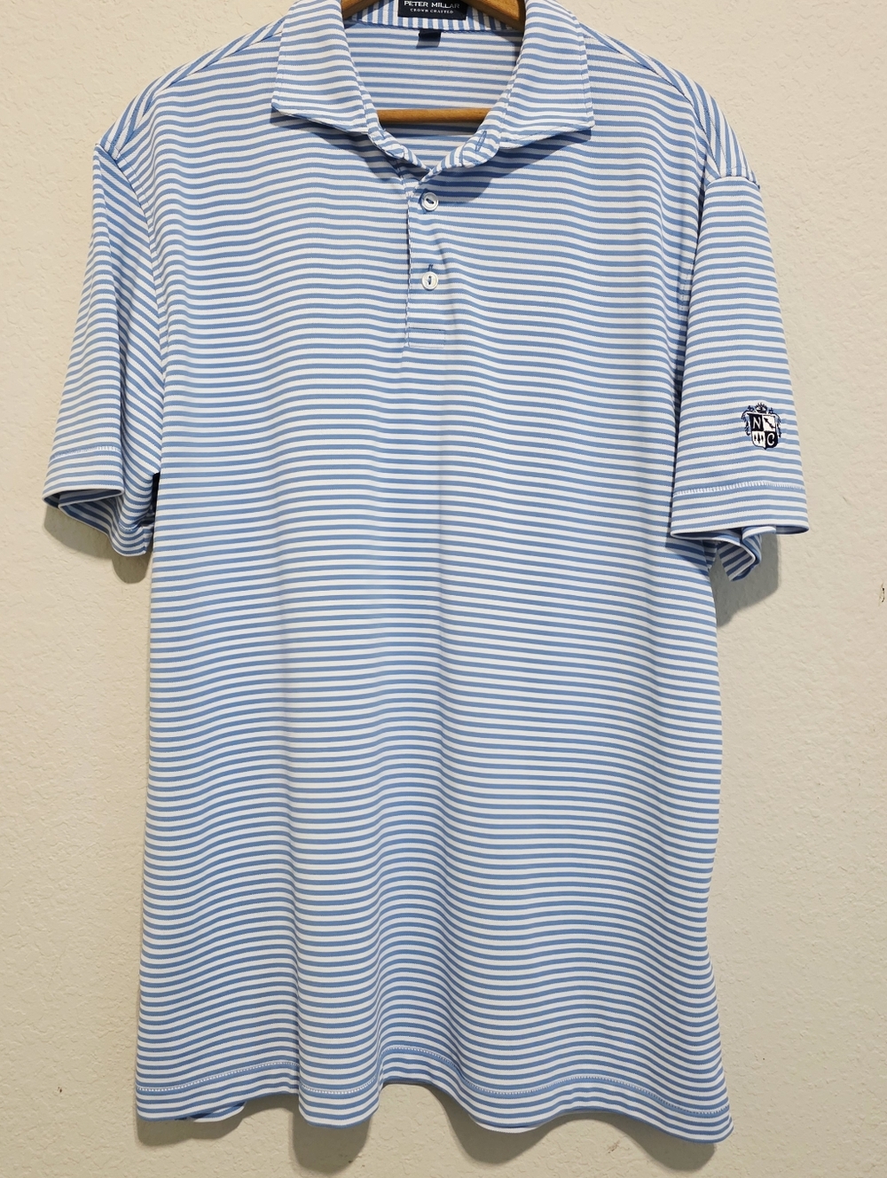 Peter Millar Crown Crafted Polo Shirt NC Logo Golf Blue Striped Large